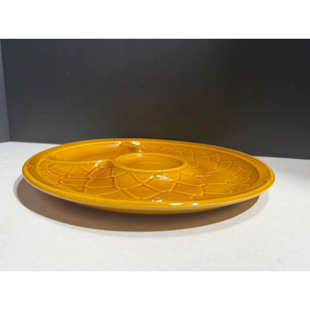 Vintage Salins France Artichoke Plate Mustard Yellow Ceramic Petal Serving Dish